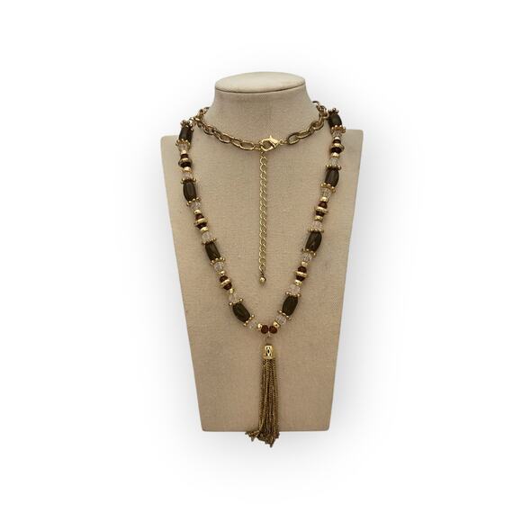 Amber Brown Gold Beaded Tassel Necklace – Vintage Boho Glam 1970s Style Jewelry - Picture 2 of 7